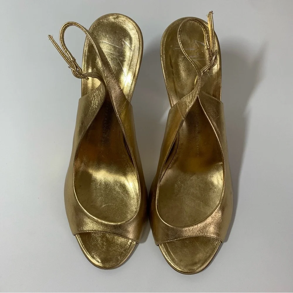 Giuseppe Zanotti Design Gold Leather slingback peeptoe heels EU size 39.5 US 9.5 - Picture 2 of 15